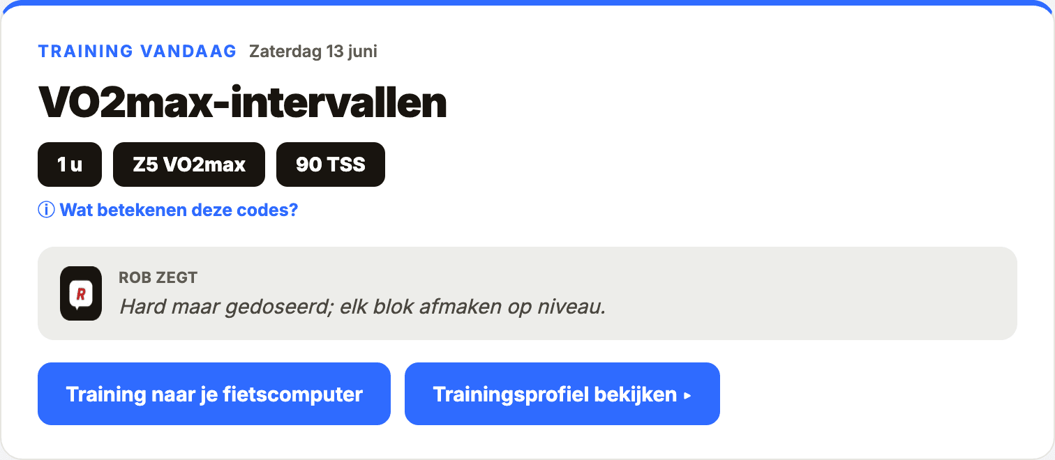 Voorbeeld van het dashboard — training van vandaag